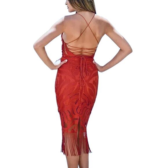 Stunning Fringe Hem Lace Spaghetti Cross Strap Lace Up Backless Bodycon Dress S - Picture 6 of 8